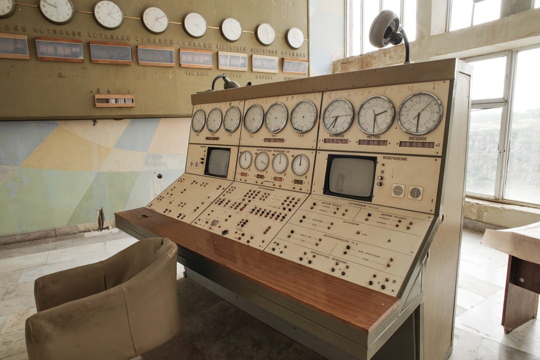 Television broadcast control room with multiple monitors