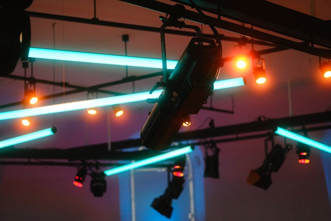 Stage lighting rig with spotlights in a studio