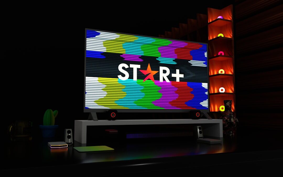 Television news studio set with anchor desk
